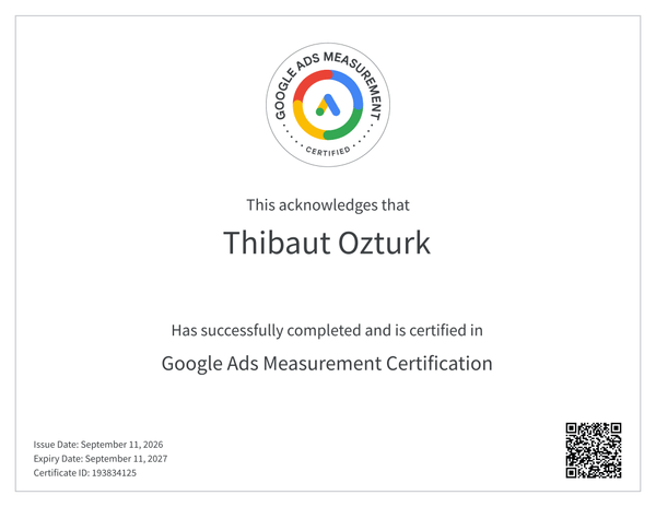Certificat Google Ads Measurement Certification délivré à Thibaut Ozturk, numéro 193834125