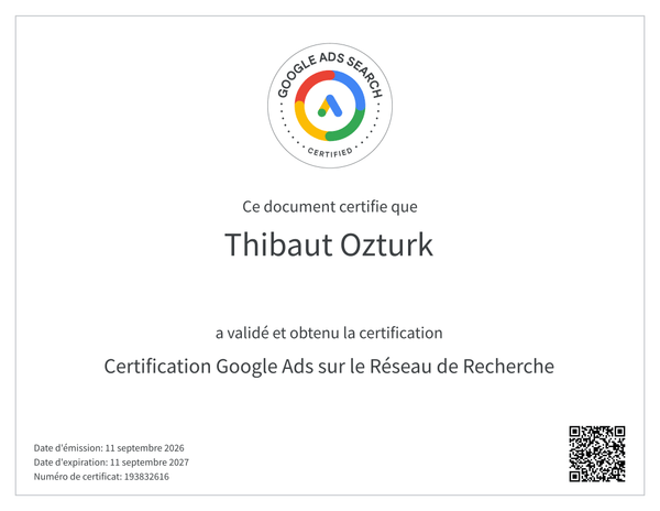 Certificat Certification Google Ads sur le Réseau de Recherche délivré à Thibaut Ozturk, numéro 193832616