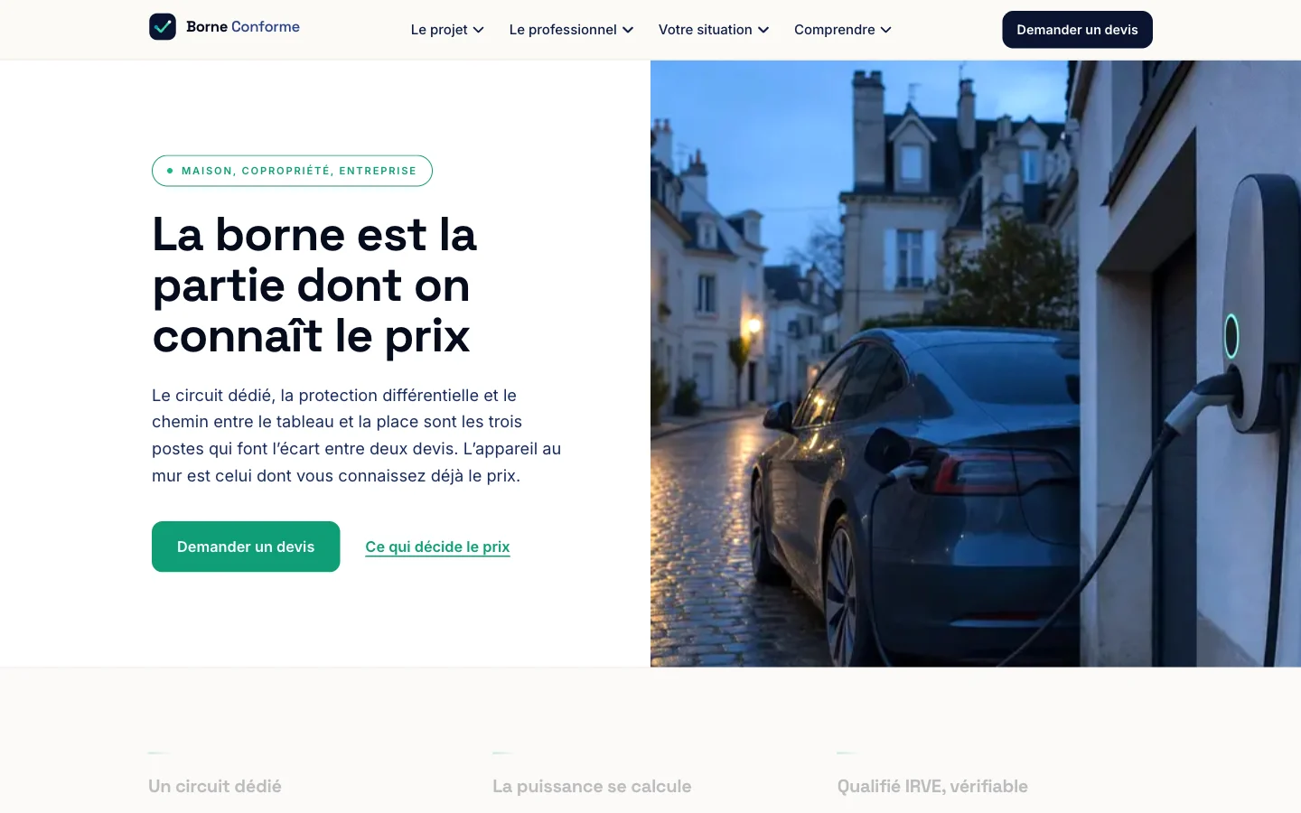Capture d'écran du site Borne Conforme (Installation de bornes de recharge, IRVE, France)