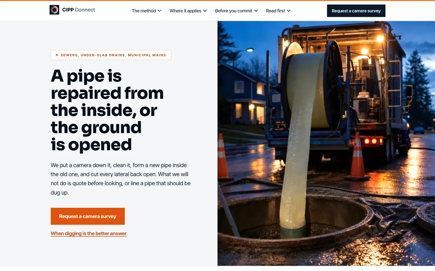 Capture d'écran du site CIPP Connect (Chemisage de canalisation sans tranchée, États-Unis)