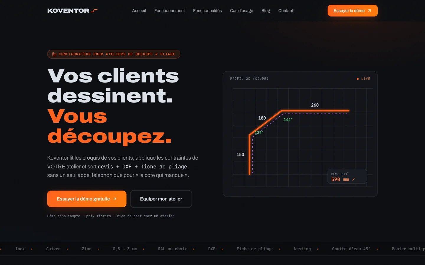 Capture d'écran du site Koventor (Configurateur de devis tôlerie, Ateliers de découpe & pliage)