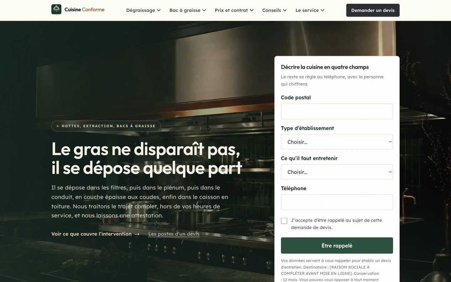 Capture d'écran du site Cuisine Conforme (Dégraissage de hotte et cuisine professionnelle, France)
