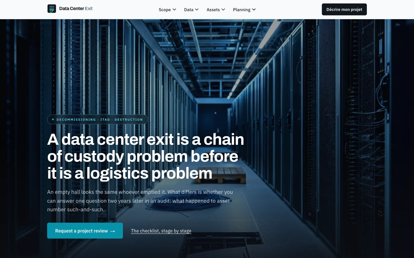 Capture d'écran du site Data Center Exit (Décommissionnement de centre de données, États-Unis)