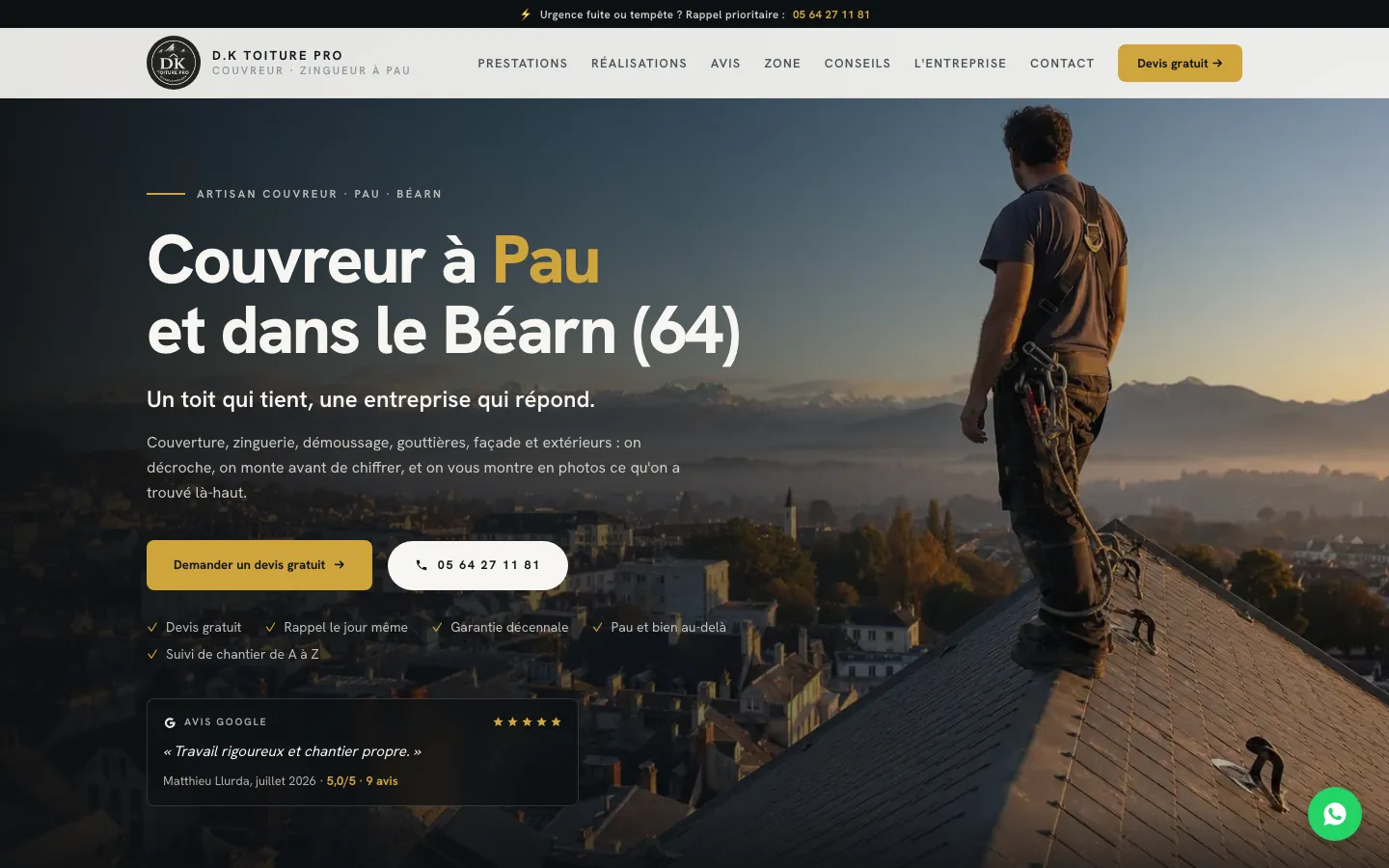 Capture d'écran du site DK Toiture Pro (Couvreur zingueur, Pau (64))