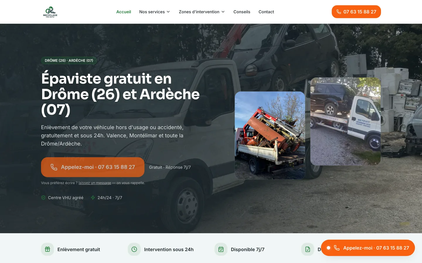 Capture d'écran du site Recyclage Fer Auto (Épaviste agréé VHU, Drôme / Ardèche)