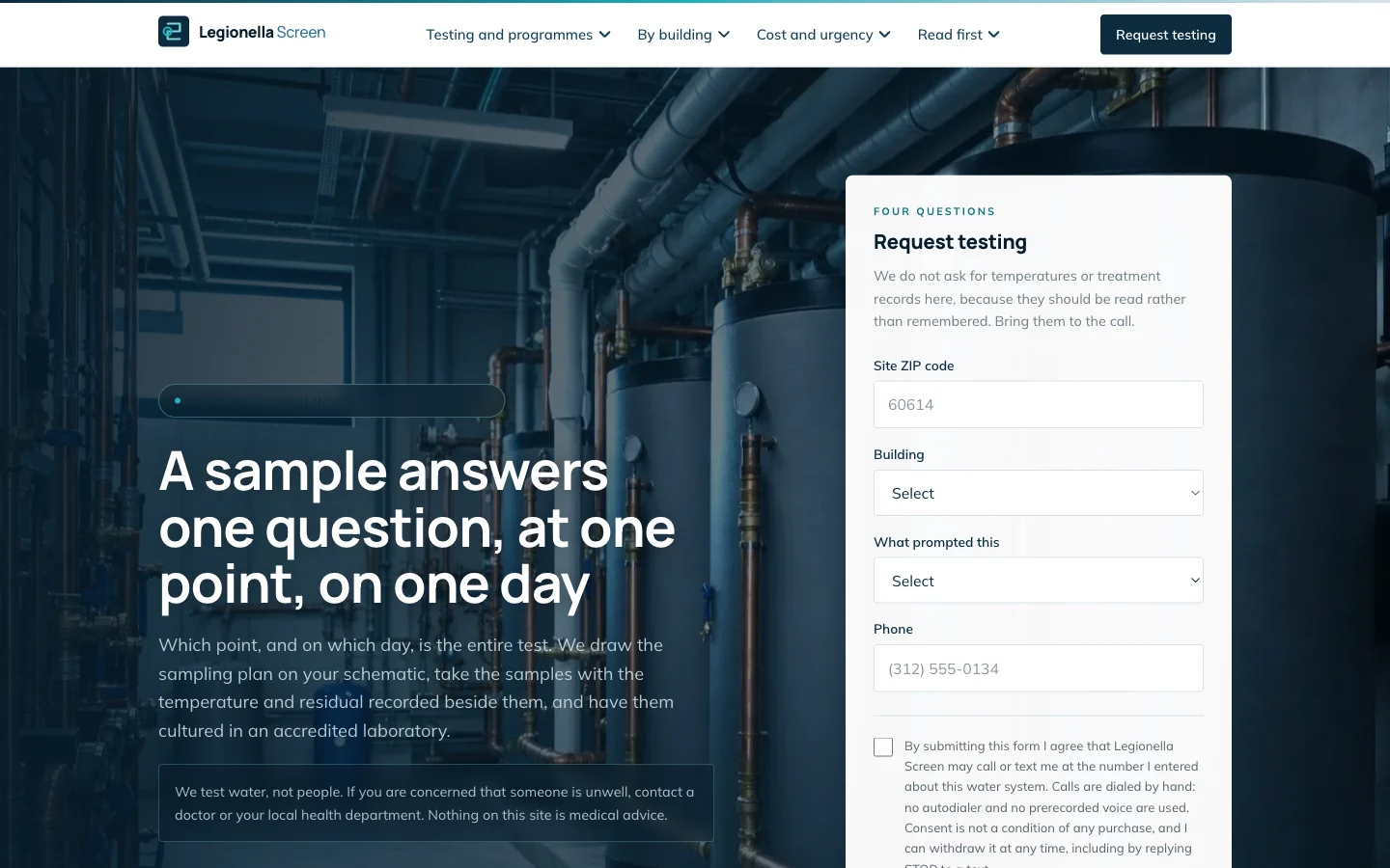 Capture d'écran du site Legionella Screen (Analyses d'eau et tours aéroréfrigérantes, États-Unis)