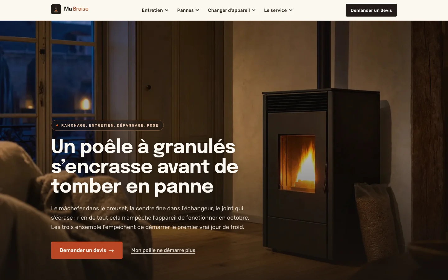 Capture d'écran du site Ma Braise (Ramonage et dépannage de poêle à granulés, France)