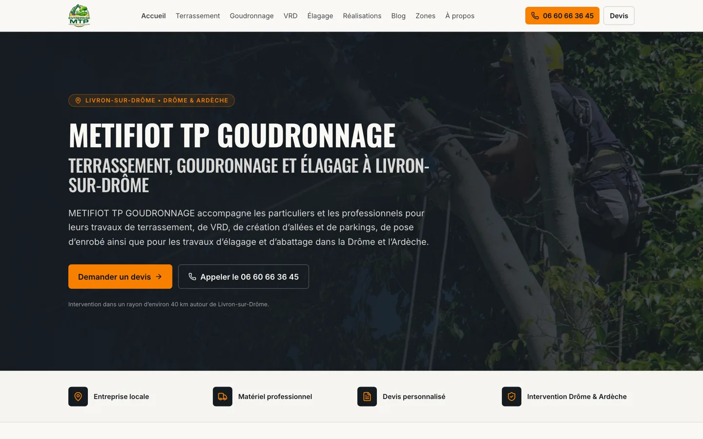Capture d'écran du site Metifiot TP (Terrassement & VRD, Drôme (26))