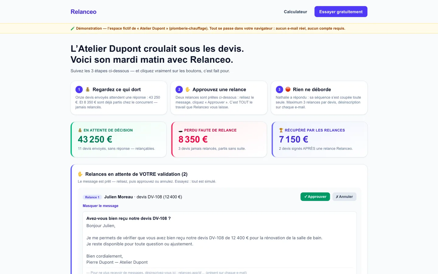 La démo Lienzor : relances en attente de validation, boutons Approuver ou Annuler, argent en attente de décision