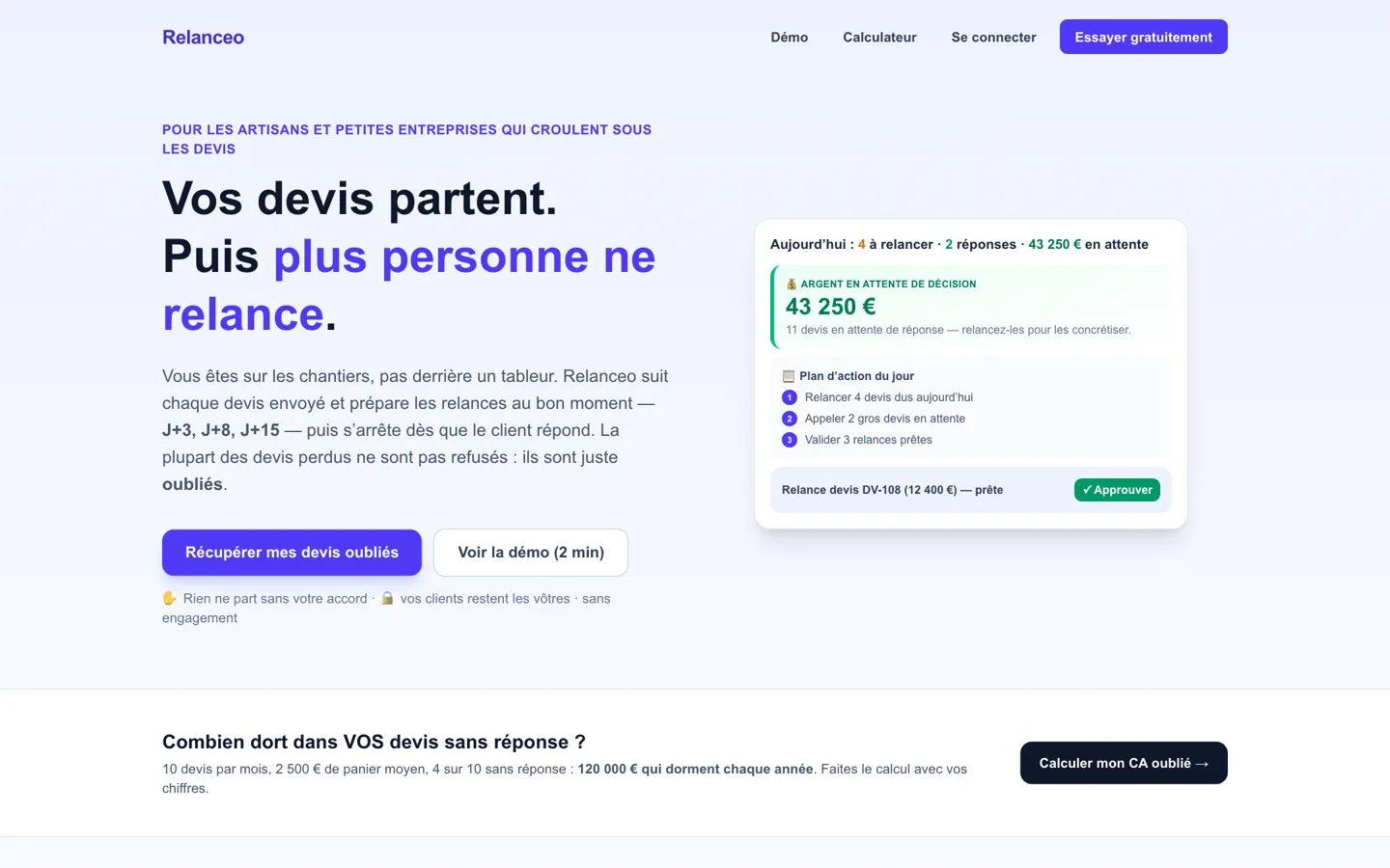 Capture d'écran du site Lienzor (SaaS de relance de devis, Application web)