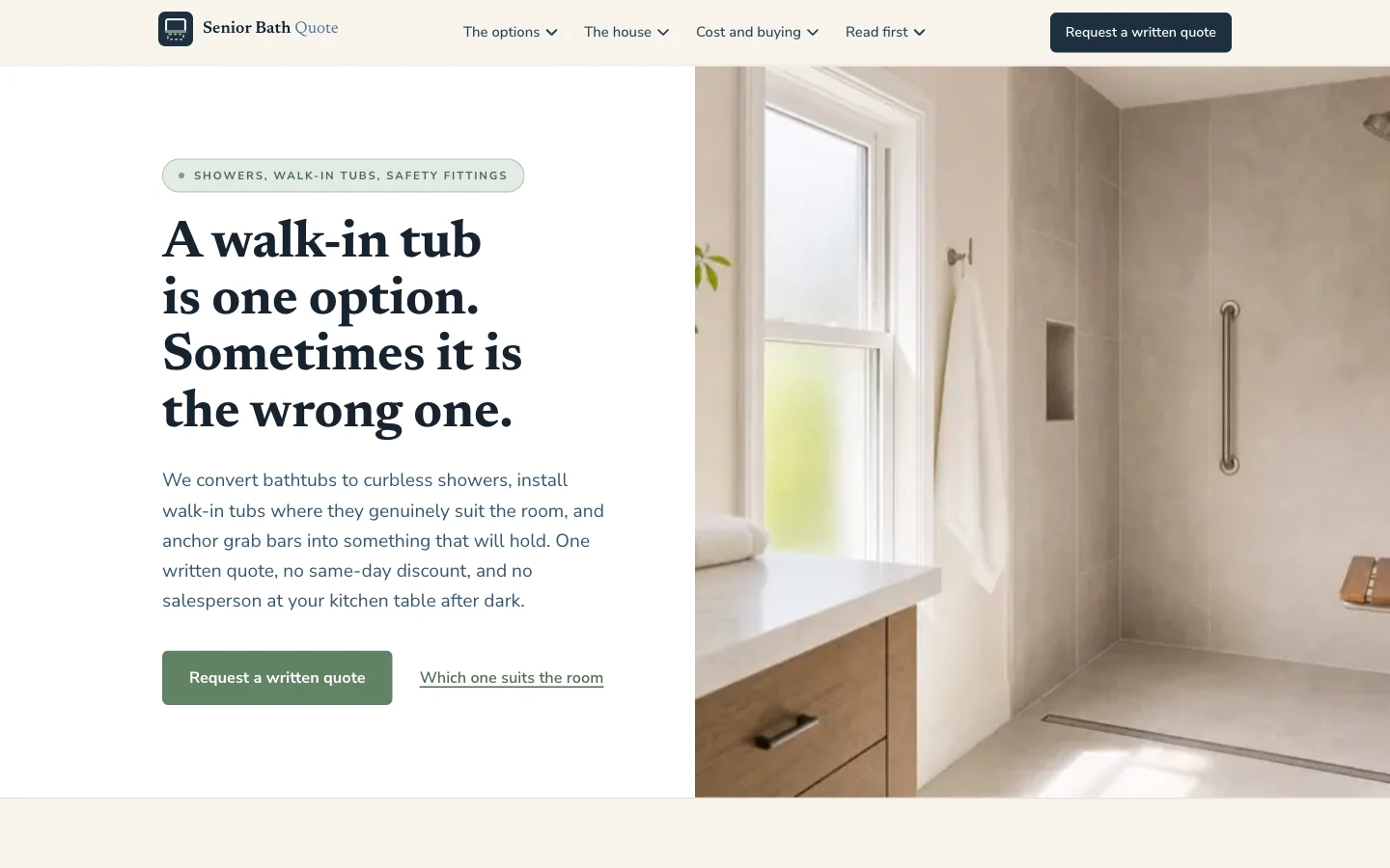 Capture d'écran du site Senior Bath Quote (Salles de bain accessibles, États-Unis)
