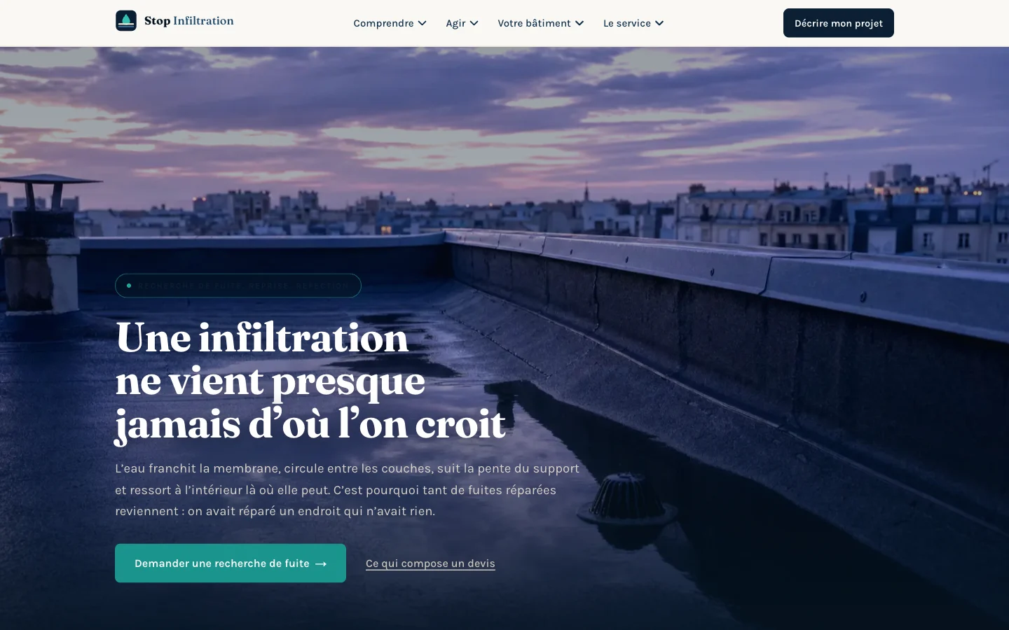 Capture d'écran du site Stop Infiltration (Recherche de fuite et étanchéité de toiture terrasse, France)