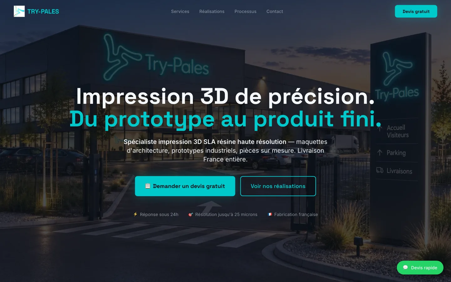 Capture d'écran du site Try-Pales (Impression 3D résine & prototypes, Studio de précision)
